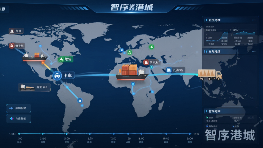 智序港城物流追踪功能示意图,展示货物从船舶到堆场再到卡车的动态流向地图,节点状态用彩色图标标识,时间轴清晰,界面数据可视化,现代信息图表风格,包含“智序港城”水印,画质高清,无杂乱元素