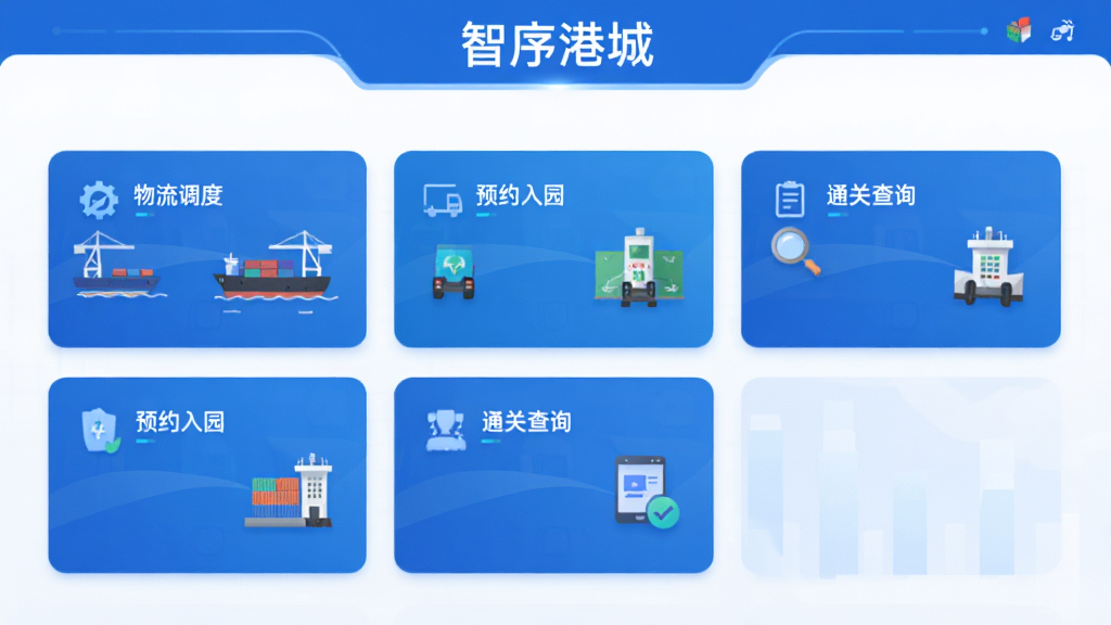 智序港城应用主界面预览图,展示港口物流调度、预约入园、通关查询等核心功能卡片,现代扁平化设计,蓝色科技感主色调,界面布局清晰,顶部显示“智序港城”字样,整体风格干净专业,高画质,无多余杂物