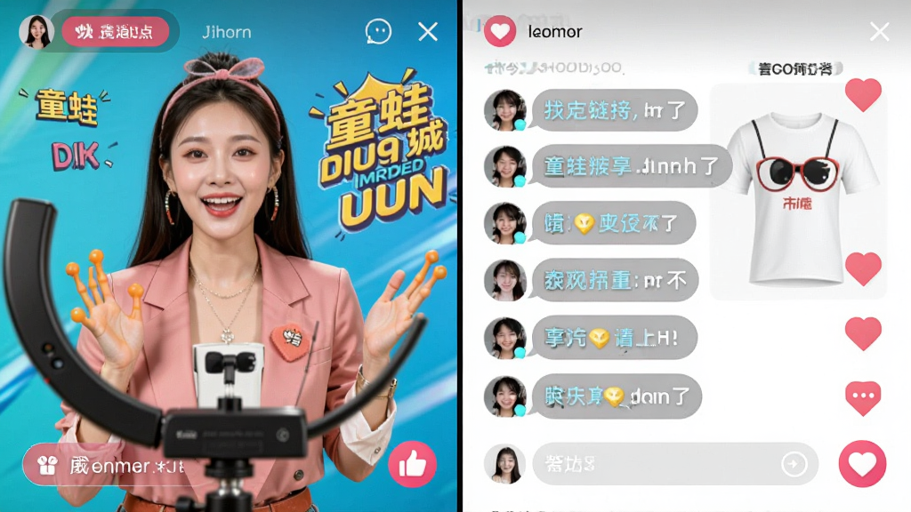 童蛙商城社交购物场景,主体为直播带货画面与用户评论弹幕,布局采用左右分屏,排版活泼,风格时尚动感,细节包括主播形象、商品链接、点赞图标,画质清晰,干净,无多余元素