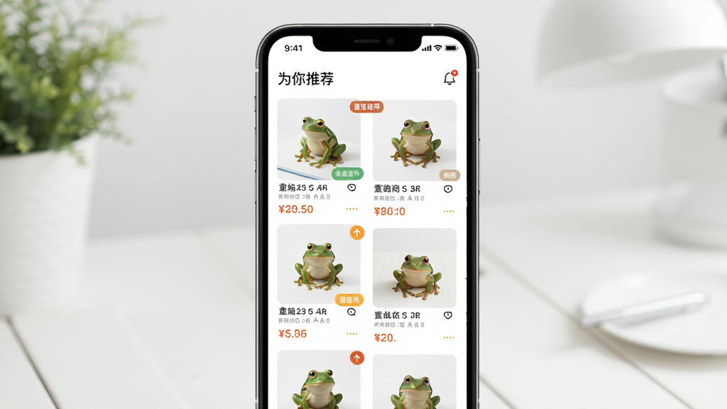 童蛙商城智能推荐功能演示,主体为手机屏幕展示个性化商品列表,布局采用瀑布流,排版错落有致,风格清新明亮,细节包括“为你推荐”字样、商品缩略图、价格标签,画质高清,干净,无多余元素