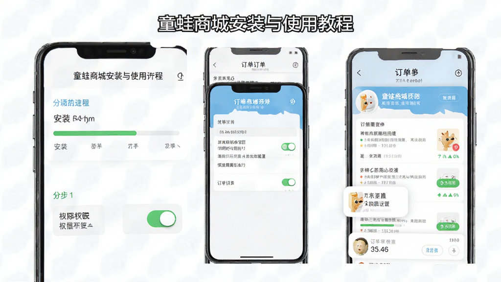 童蛙商城安装与使用教程,主体为手机操作界面,布局分步展示,排版清晰,风格写实,细节包括安装进度条、权限设置开关、订单页面,画质高清,干净,无多余元素