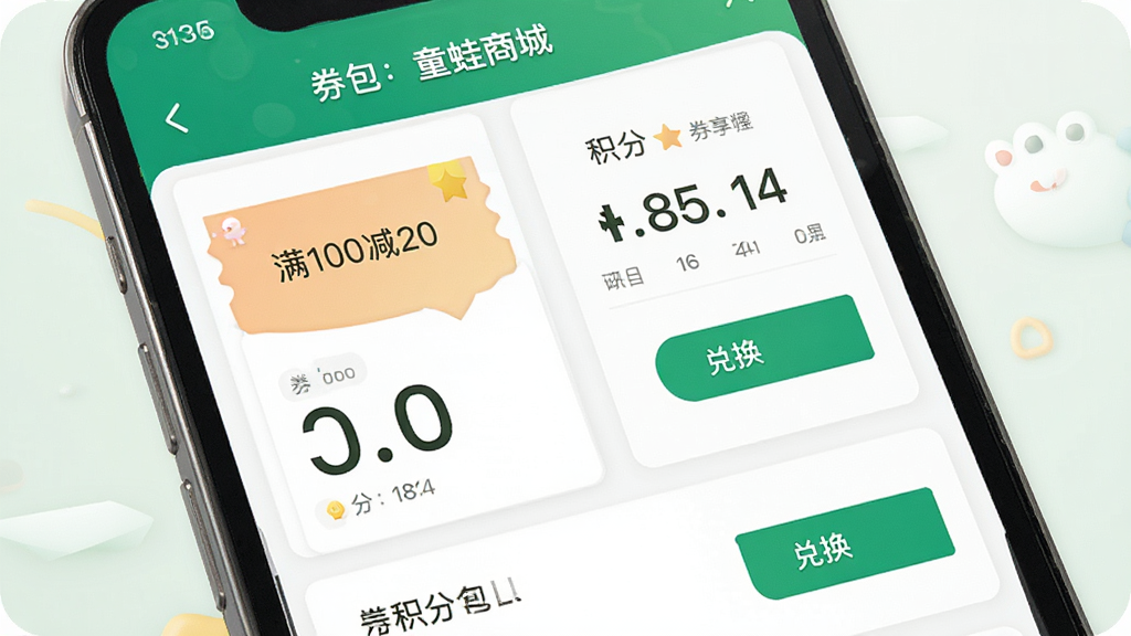 童蛙商城优惠券与积分界面,主体为手机屏幕展示券包与积分明细,布局采用列表式,排版简洁大方,风格清爽,细节包括“满100减20”券面、积分数字、兑换按钮,画质高清,干净,无多余元素