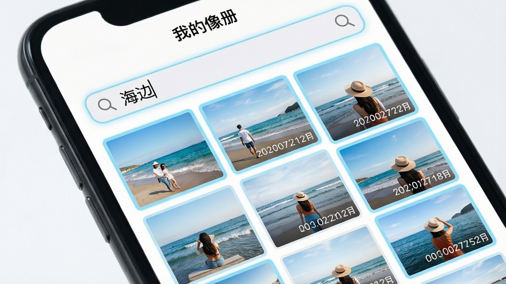 主体:手机屏幕特写,显示“我的像册”搜索界面,搜索框内输入“海边”,下方展示搜索结果照片墙。布局:搜索框位于顶部,下方照片以瀑布流形式排列,照片内容均为海边风景或人物。排版:简洁清晰,搜索结果带有浅蓝色高亮边框。风格:实用主义,界面干净利落。细节:搜索框有放大镜图标,照片右下角显示拍摄日期水印。画质:清晰明亮,干净,无多余元素。