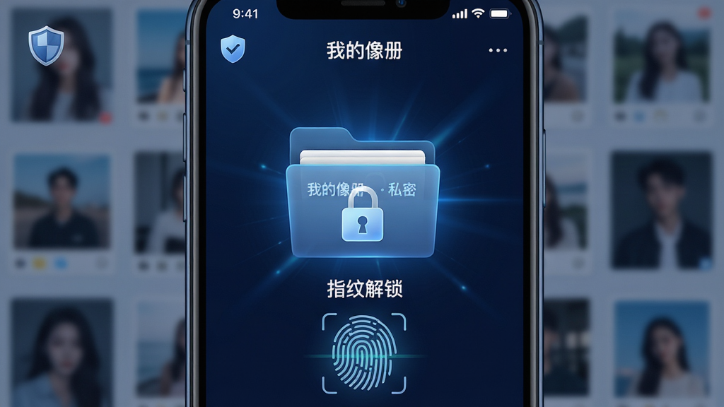 主体:手机屏幕显示“我的像册”隐私保险箱界面,背景是模糊的相册墙,前景是一个带锁的文件夹图标。布局:中心构图,锁图标下方有“指纹解锁”字样和指纹扫描动画。排版:简洁,突出安全氛围,色调偏暗蓝色。风格:科技感与安全感结合,带有光效。细节:屏幕角落有盾牌小图标,文件夹上印有“我的像册私密”字样。画质:细腻,干净,无多余元素。