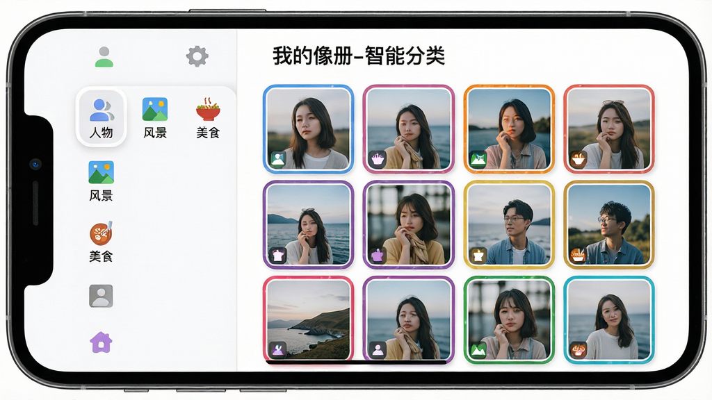 主体:手机横屏展示“我的像册”智能分类界面,左侧是分类标签栏,右侧是网格照片墙。布局:左右分栏,标签栏包含“人物”、“风景”、“美食”等图标,右侧照片按类别以不同颜色边框区分。排版:整齐有序,标签图标清晰,照片缩略图大小统一。风格:清新简约,带有圆角卡片设计。细节:屏幕顶部显示“我的像册-智能分类”字样,每张照片左下角有小型分类图标。画质:高分辨率,干净,无多余元素。