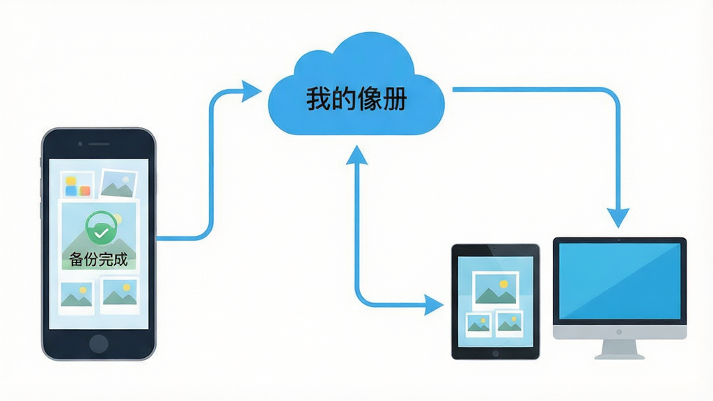 主体:一张示意图,展示手机中的“我的像册”将照片上传至云端,云端图标连接着平板和电脑设备。布局:左侧是手机,中间是云朵图标,右侧是平板和电脑,箭头指向云端表示上传。排版:流畅的线条连接,图标简洁大方。风格:扁平化插画风格,色彩明快。细节:云朵上有“我的像册”字样,手机屏幕显示“备份完成”提示。画质:高清,干净,无多余元素。