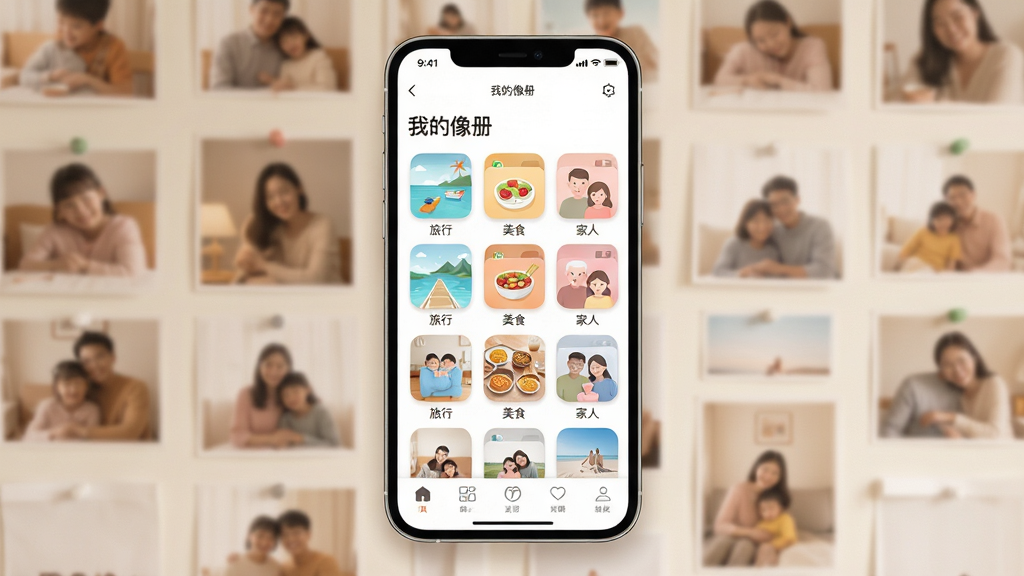 主体:一部智能手机屏幕展示“我的像册”应用界面,屏幕上整齐排列着多个分类相册文件夹缩略图,背景是温馨的家庭照片墙。布局:手机居中,界面清晰展示相册网格和底部导航栏。排版:简洁明快,图标圆润,色彩柔和。风格:现代扁平化设计,带有轻微阴影和渐变。细节:屏幕中显示“我的像册”字样和几个代表性相册名称,如“旅行”、“美食”、“家人”。画质:高清,干净,无多余元素。