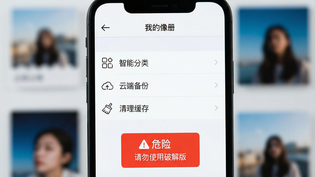 主体:手机屏幕显示“我的像册”设置页面,背景是模糊的相册封面。布局:设置列表清晰可见,包含“智能分类”、“云端备份”、“清理缓存”等选项,顶部有返回箭头。排版:简洁直观,图标为线条风格。风格:清爽明亮,符合设置页面的通用设计。细节:屏幕中央偏下有一个红色“危险”警示框,提示“请勿使用破解版”。画质:干净,无多余元素。
