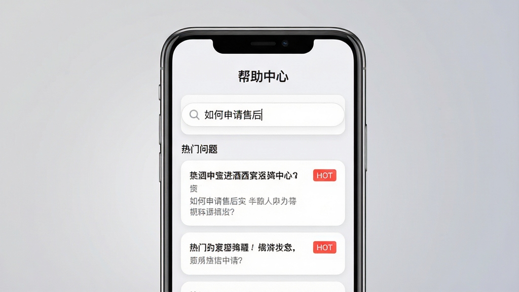 主体:一部手机显示进酒宝的“帮助中心”页面,页面上有搜索框与热门问题列表;布局:手机居中,背景为柔和的灰色渐变;排版:页面顶部有“帮助中心”标题,下方列举常见问题条目;风格:简洁UI风格,圆角卡片设计;细节:搜索框内有“如何申请售后”文字,热门问题旁有“HOT”红色标签;画质:清晰,干净,无多余元素。