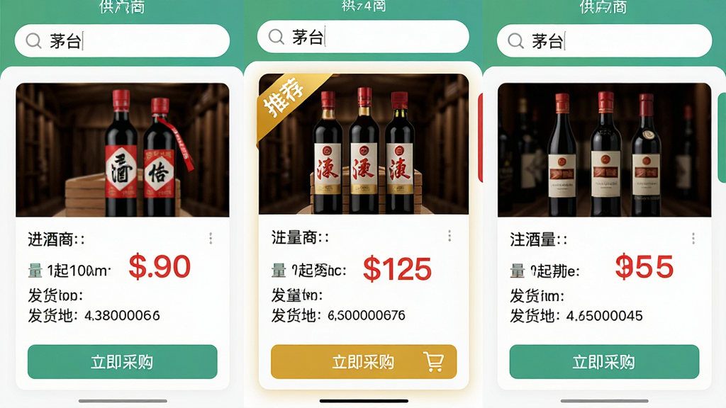 主体:进酒宝APP的比价功能界面截图风格图片,屏幕上有多个供应商报价卡片并列展示;布局:三张报价卡片横向排列,中间卡片高亮显示“推荐”标签;排版:卡片内包含酒水图片、价格、起批量、发货地信息,顶部搜索栏输入“茅台”;风格:UI设计风格,扁平化,色彩清新;细节:价格数字用红色加大字体突出,推荐标签为金色,底部有“立即采购”按钮;画质:清晰,干净,无多余元素。