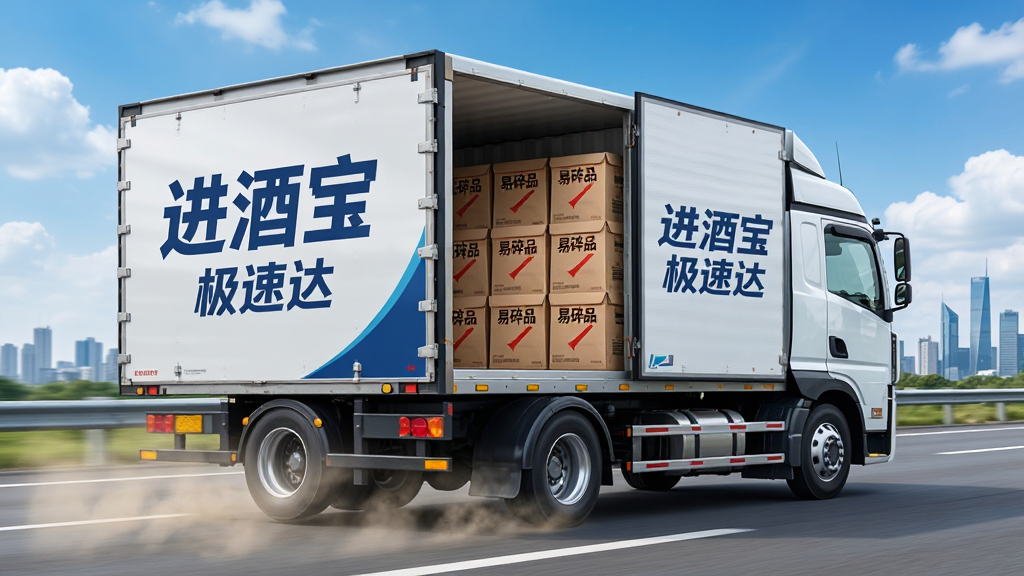 主体:一辆带有进酒宝LOGO的物流货车行驶在高速公路上,车厢门打开露出整齐的酒箱;布局:货车占据画面中央,背景为蓝天白云与城市轮廓;排版:车厢侧面印有“进酒宝”与“极速达”字样,酒箱上印有“易碎品”标识;风格:写实摄影风格,色彩明亮,动感十足;细节:货车轮胎扬起少量尘土,酒箱堆叠整齐;画质:超清,干净,无多余元素。