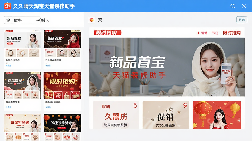 图片主体为“久久晴天淘宝天猫装修助手”模板库界面,左侧显示多个缩略图模板,右侧大图预览当前选中模板,模板风格涵盖简约、促销、节日等。布局为左右分栏,排版整齐,风格清爽明亮,细节展示模板缩略图上的“新品首发”、“限时抢购”字样,整体画质清晰干净,无多余元素,界面顶部有“久久晴天淘宝天猫装修助手”品牌标识。