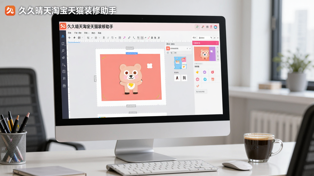 画面主体为“久久晴天淘宝天猫装修助手”在电脑上运行的实拍照片,屏幕中显示软件编辑界面,旁边有一杯咖啡。布局为平视角度,风格写实,细节清晰,背景为整洁的办公室桌面,画质干净无多余元素,屏幕左上角有软件名称“久久晴天淘宝天猫装修助手”标识。
