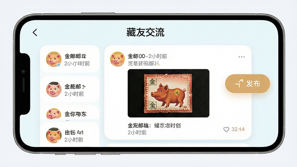 主体:手机横屏展示金猪聚福APP的社区讨论区界面,标题为“藏友交流”。布局:左侧为帖子列表,右侧为悬停的发布按钮。排版:信息流式排列,头像、昵称、时间清晰。风格:清新浅色,圆角卡片。细节:有用户发布金猪邮票照片与评论,点赞数显示。画质:高清,干净无多余元素。