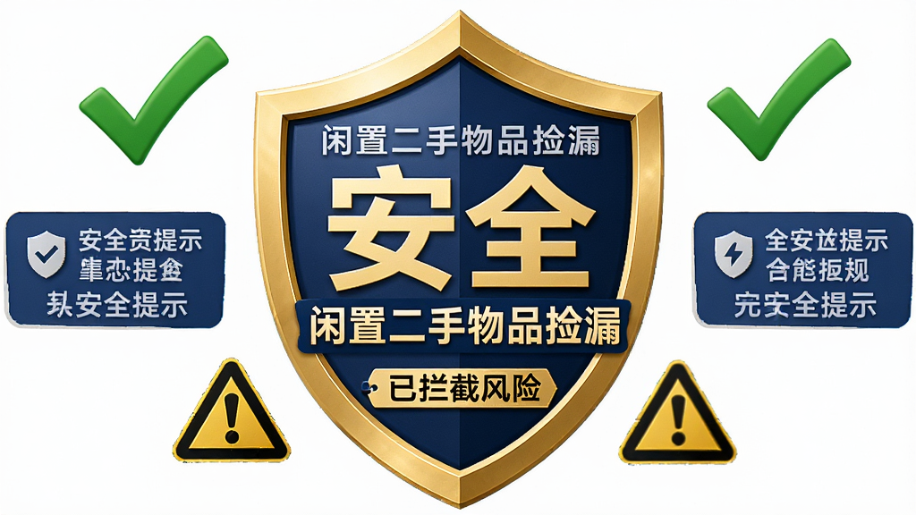 主体:盾牌图标上有一个“闲置二手物品捡漏”的logo,周围有绿色对勾和警示符号。布局:盾牌居中,左右两侧分布安全提示标签。排版:简洁,盾牌大且醒目。风格:安全可靠,深蓝色背景,金色盾牌边缘。细节:盾牌上有“安全”二字,底部有“已拦截风险”字样。画质:高清,干净,无多余元素。