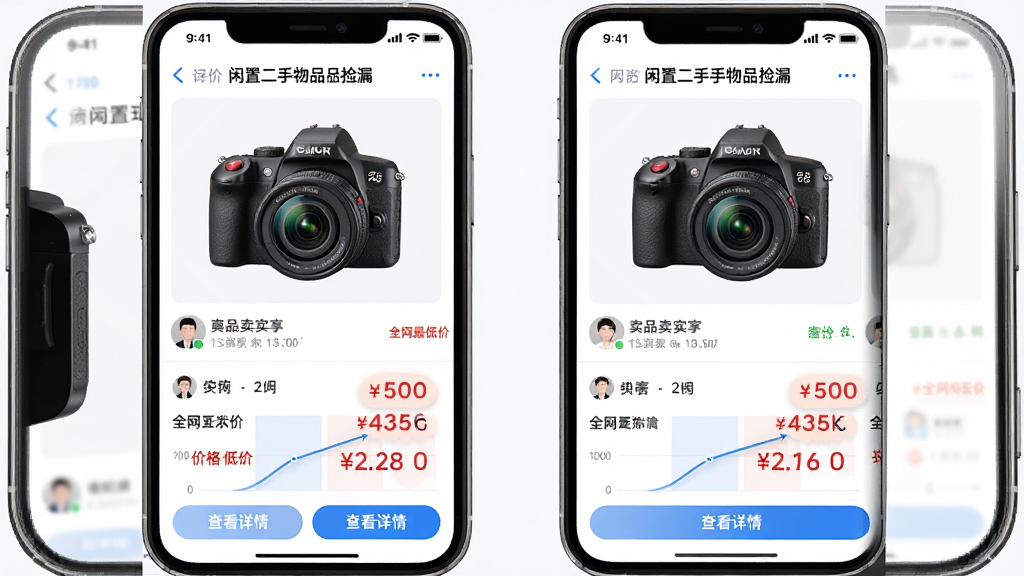 主体:手机界面显示“闲置二手物品捡漏”的比价功能,左右分屏展示同一款相机的不同价格。布局:上方是商品图片,下方是价格对比图表,左右两侧有卖家信息。排版:数据清晰,价格用红色突出显示。风格:简洁商务,白色背景,蓝色点缀。细节:有“全网最低价”标签和“查看详情”按钮。画质:高清,干净,无多余元素。