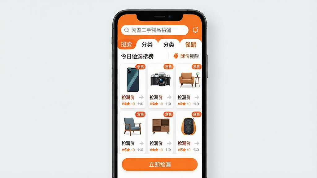 主体:手机屏幕展示“闲置二手物品捡漏”应用界面,界面中有多张二手商品卡片,包括手机、相机、家具等,卡片上标有“捡漏价”、“急售”标签。布局:手机居中,屏幕内容清晰可见,周围有简洁的浅灰色背景,下方有“立即捡漏”按钮。排版:商品卡片网格排列,顶部有搜索栏和分类标签,整体信息层级分明。风格:现代扁平化,色彩明亮,以橙色和白色为主色调。细节:屏幕中显示“今日捡漏榜”和“降价提醒”小图标,画面干净。画质:高清,干净,无多余元素。