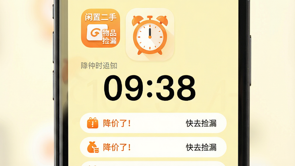 主体:手机闹钟界面,闹钟上方显示“闲置二手物品捡漏”应用图标,下方有商品降价通知列表。布局:闹钟居中,通知列表在下方滚动。排版:简洁,时间数字大而醒目,通知条带圆角。风格:清新,浅黄色背景,闹钟图标为橙色。细节:通知条上有“降价了!”和“快去捡漏”字样。画质:高清,干净,无多余元素。