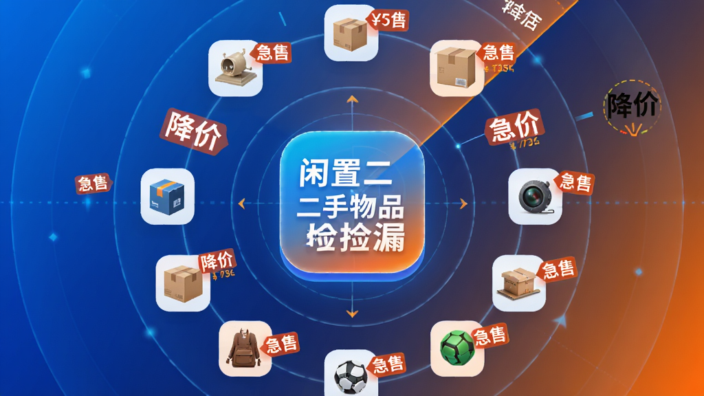 主体:一个雷达扫描动画效果,中心是“闲置二手物品捡漏”应用图标,周围有商品图片和价格标签。布局:雷达波纹向外扩散,商品图标环绕排列。排版:简洁,中心图标突出,四周商品排列有序。风格:科技感,蓝色和橙色渐变背景。细节:雷达波纹上有“降价”、“急售”文字标签。画质:高清,干净,无多余元素。