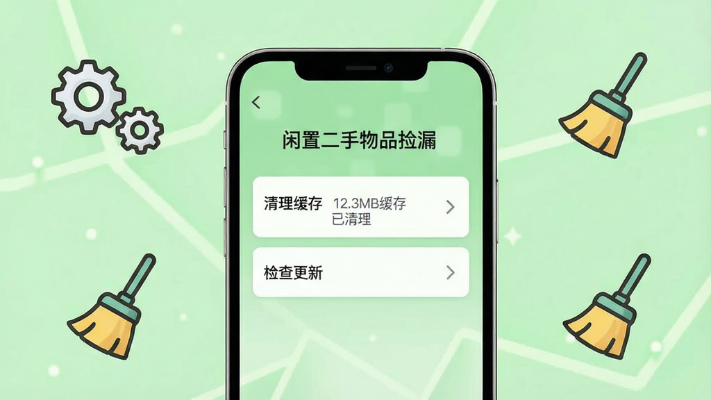 主体:手机横屏显示“闲置二手物品捡漏”应用设置界面,有“清理缓存”、“检查更新”选项。布局:手机居中,周围有齿轮图标和清理扫把图标。排版:简洁,设置菜单垂直排列。风格:清新,浅绿色背景,白色卡片。细节:屏幕上有“12.3MB缓存已清理”字样。画质:高清,干净,无多余元素。