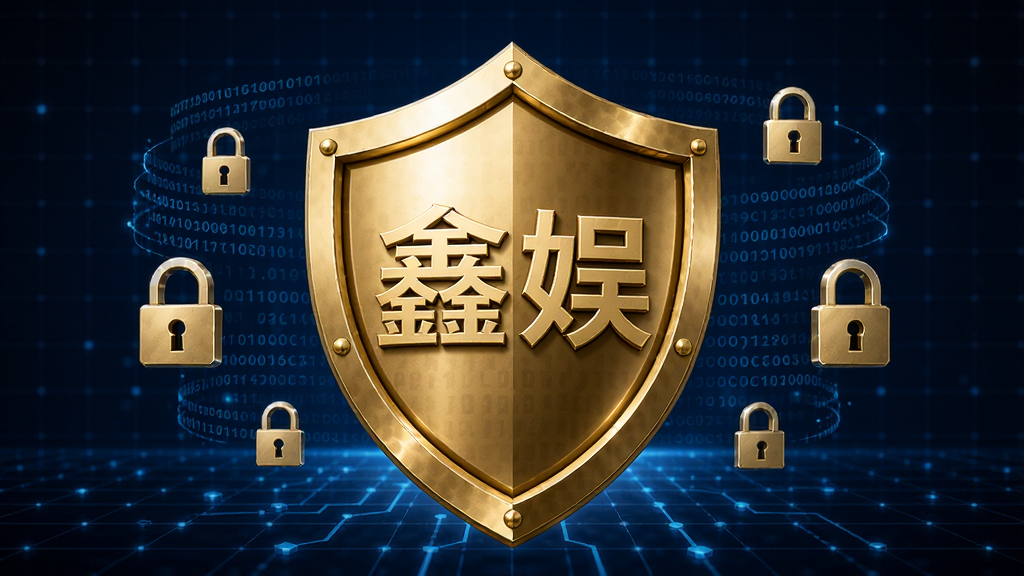 主体为一枚金色盾牌图标,盾牌中央刻有“鑫娱”字样,周围环绕着数据代码与锁形符号,背景为深蓝色科技网格,布局稳重,排版大气,风格安全科技感,细节精致,画质锐利,干净无多余元素