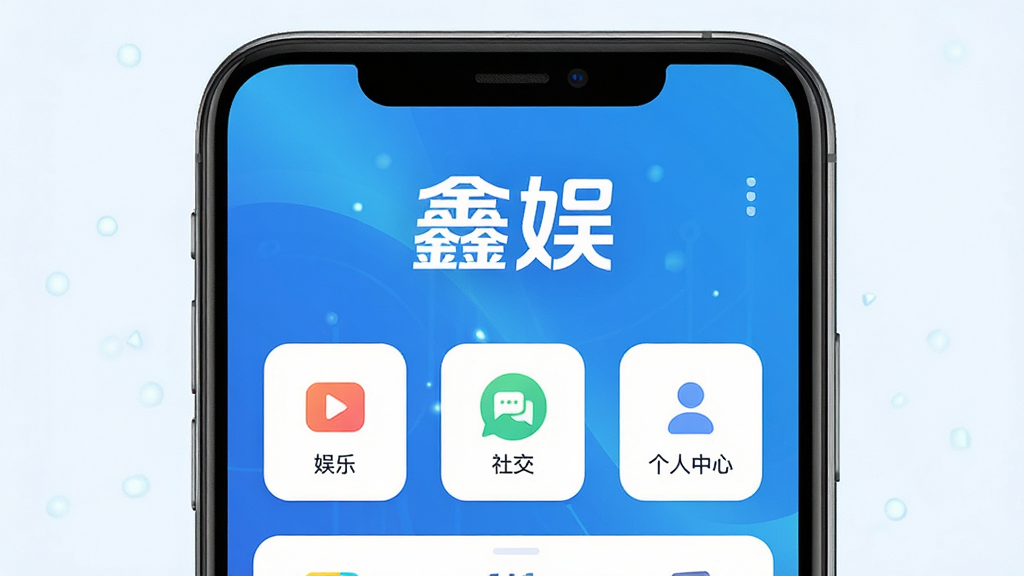 画面主体为一部智能手机屏幕占据视觉中心,屏幕内展示“鑫娱”应用主界面,上方显示“鑫娱”字样Logo,界面布局清晰,包含娱乐、社交、个人中心等图标按钮,背景为渐变色科技蓝,整体排版简洁现代,风格清新明亮,细节丰富,画质高清,干净无多余元素