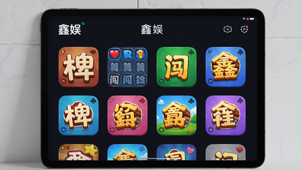 图片主体为一块平板电脑横屏显示“鑫娱”游戏大厅界面,画面中排列着多个彩色游戏图标,如棋牌、消除、闯关等,背景为浅灰色墙面,整体布局整齐,排版疏朗有致,风格明亮活泼,细节清晰,画质高清,干净无多余元素