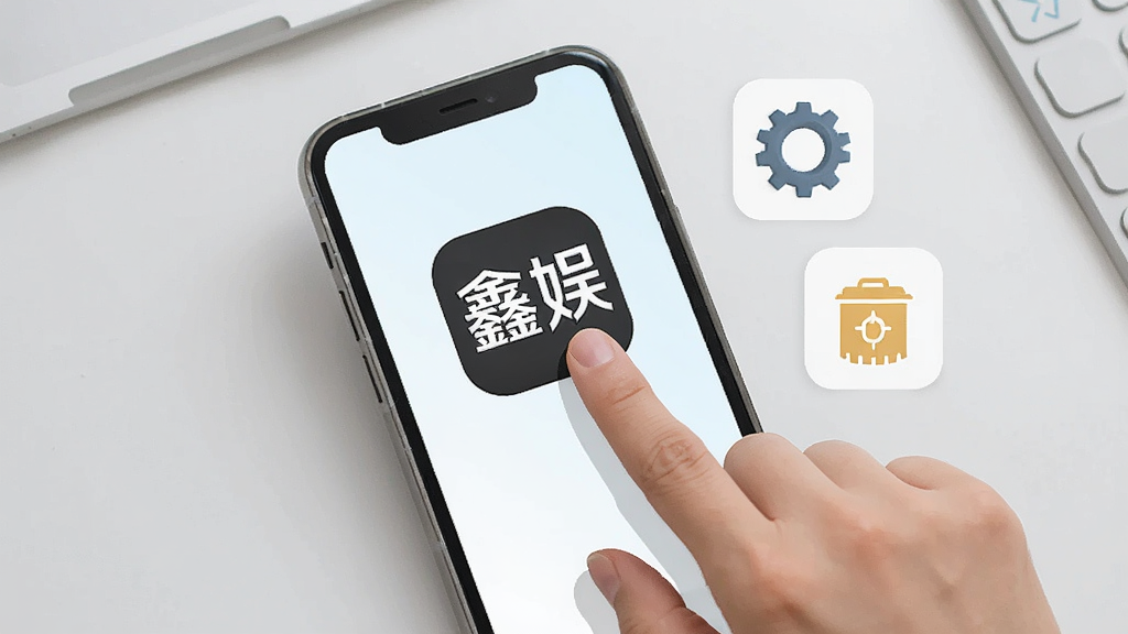 主体为一张操作示意图,画面中央是一只手正在点击手机屏幕上的“鑫娱”图标,屏幕旁边有设置齿轮和清理缓存的小图标,背景为浅灰色工作台面,布局清晰,排版直观,风格简洁教学风,细节明显,画质干净,无多余元素