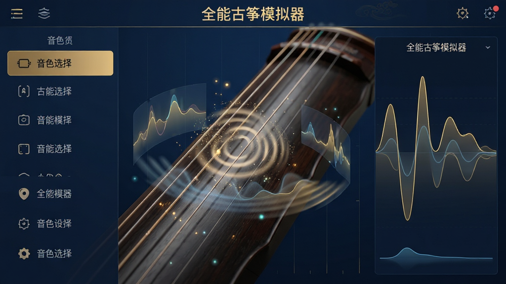 画面主体为全能古筝模拟器的音色设置界面,中央展示一根正在被拨动的琴弦特写,弦旁环绕着半透明的音波频谱图。布局采用左右分栏,左侧为音色选择列表,右侧为波形显示。排版整齐,图标简洁。风格为科技感与国风融合,深蓝色背景搭配金色数据线条。细节中,琴弦震动产生的谐波粒子清晰可见,音波曲线平滑流畅。画质极高,干净无多余元素,突出“全能古筝模拟器”的逼真音色。