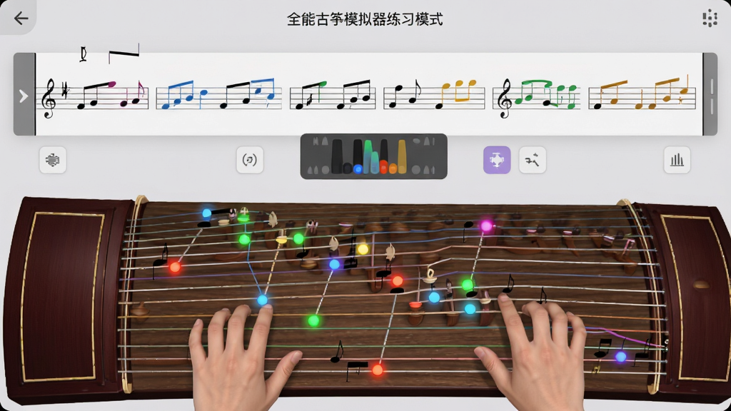画面主体为全能古筝模拟器的练习模式界面,屏幕分为上下两部分,上部分显示乐谱滚动条,下部分为虚拟古筝弦面,弦上亮起彩色光点指引弹奏位置。布局采用纵向分屏,配有节拍器浮动窗口。排版友好,光点颜色与乐谱音符颜色对应。风格为清新简约,背景为浅灰色,光点色彩明亮。细节中,乐谱音符清晰,手指按弦位置准确。画质干净,无多余元素,突出“全能古筝模拟器”的学习辅助功能。