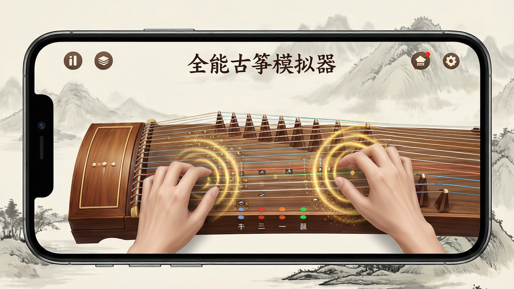 画面主体为一部手机屏幕特写,屏幕中显示全能古筝模拟器的主界面,古筝弦面清晰可见,手指正在拨动琴弦,泛起金色音波特效。布局采用居中构图,手机横置,背景为淡雅的水墨山水画,营造浓厚的国风氛围。排版简洁,界面图标与弦位标注清晰。风格为写实与插画结合,色彩柔和,以暖木色和墨色为主。细节上,琴弦震动感真实,音波粒子细腻。画质高清,干净无多余元素,突出“全能古筝模拟器”字样。