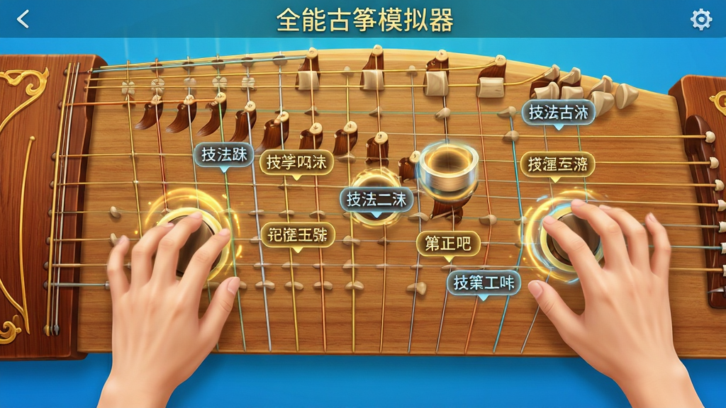 画面主体为全能古筝模拟器演奏界面,多根琴弦呈扇形展开,手指以不同手势触碰弦位,分别触发滑音、颤音等特效,弦上浮现动态的技法名称注释。布局采用全景俯视角度,琴弦占据画面主要部分。排版清晰,技法标签悬浮于弦上。风格为明亮轻快,色彩以木色与金色为主。细节中,手指动作流畅,特效光效与技法名称精准对应。画质高清,干净无多余元素,突出“全能古筝模拟器”的专业性。