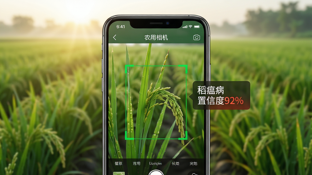高清特写镜头下的智能农业应用场景,手机屏幕清晰显示“农用相机”应用界面,界面内一株翠绿水稻叶片被绿色识别框选中,旁边浮动显示“稻瘟病 置信度92%”字样,背景是虚化的葱郁农田与清晨阳光,画面构图居中,采用专业产品渲染风格,色彩真实饱满,细节丰富,画质细腻干净,无多余元素