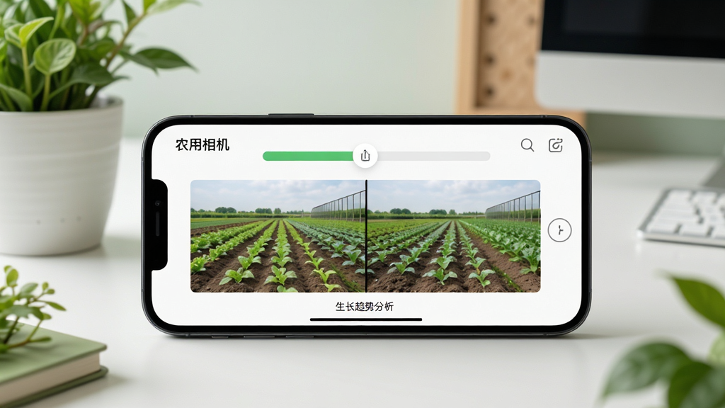 手机横屏展示“农用相机”的生长记录对比界面,屏幕上左右分屏显示同一田块不同时期的两张照片,上方有滑动对比条,下方一行小字“生长趋势分析”,手机周围摆放着绿色植物盆栽,背景是简洁的工作台,整体色调清新自然,布局专业,图片效果高质量,干净利落