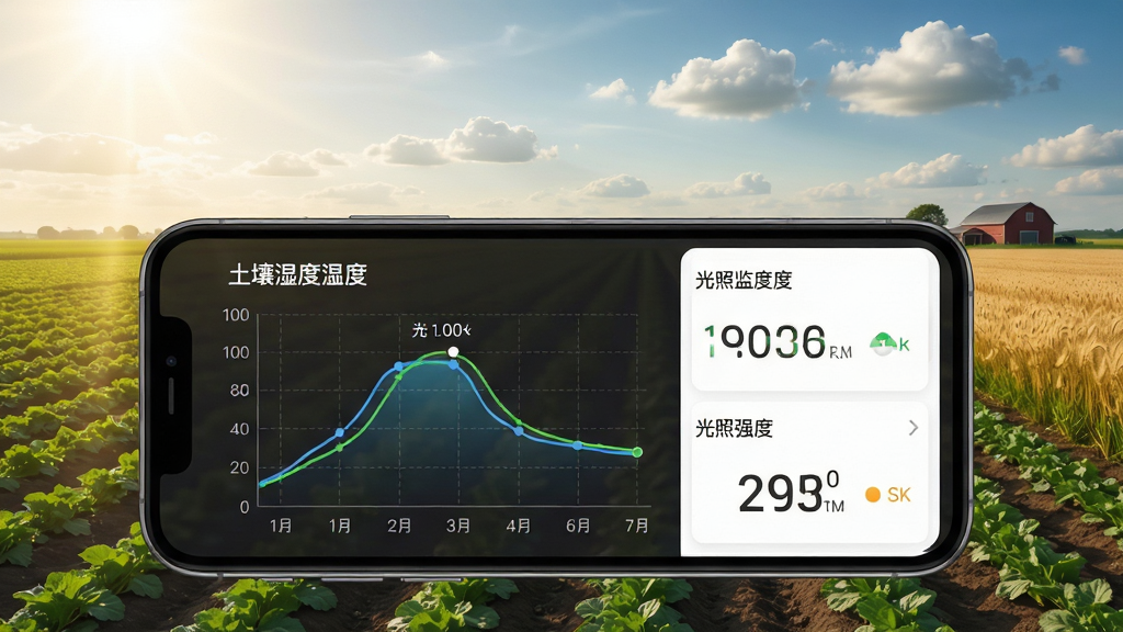 应用界面展示“农用相机”的环境监测功能,背景为广阔的农田,前景手机屏幕显示土壤湿度曲线图与光照强度数值,界面风格简洁直观,数据图表清晰,画面中融入阳光、云朵与田野元素,色彩明亮自然,布局和谐,画质精致高清,无多余文字