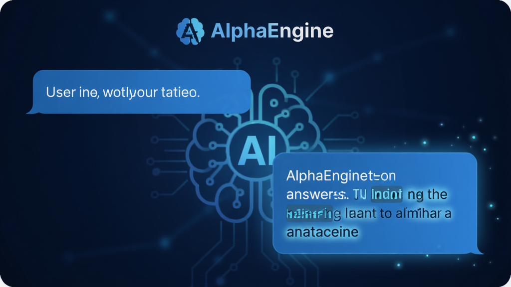 主体:一个简洁的对话界面,左侧是用户输入的文字气泡,右侧是AlphaEngine生成的回答气泡,背景有AI大脑图标。布局:对话界面占据画面主体,上方有“AlphaEngine”的logo。排版:气泡排列整齐,文字清晰。风格:扁平化设计,科技蓝为主色调。细节:回答气泡内有关键词高亮,背景有轻微的光效。画质:高清,干净,无多余元素。