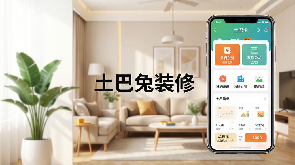 主体:手机屏幕展示土巴兔装修App界面,背景为温馨的客厅装修效果,画面中央有“土巴兔装修”字样。布局:手机位于画面右侧,左侧留白搭配绿色植物装饰。排版:界面简洁,功能图标清晰排列。风格:现代简约,明亮通透。细节:App界面上显示“免费报价”“装修公司”“效果图”等按钮。画质:4K超清,干净,无多余元素。