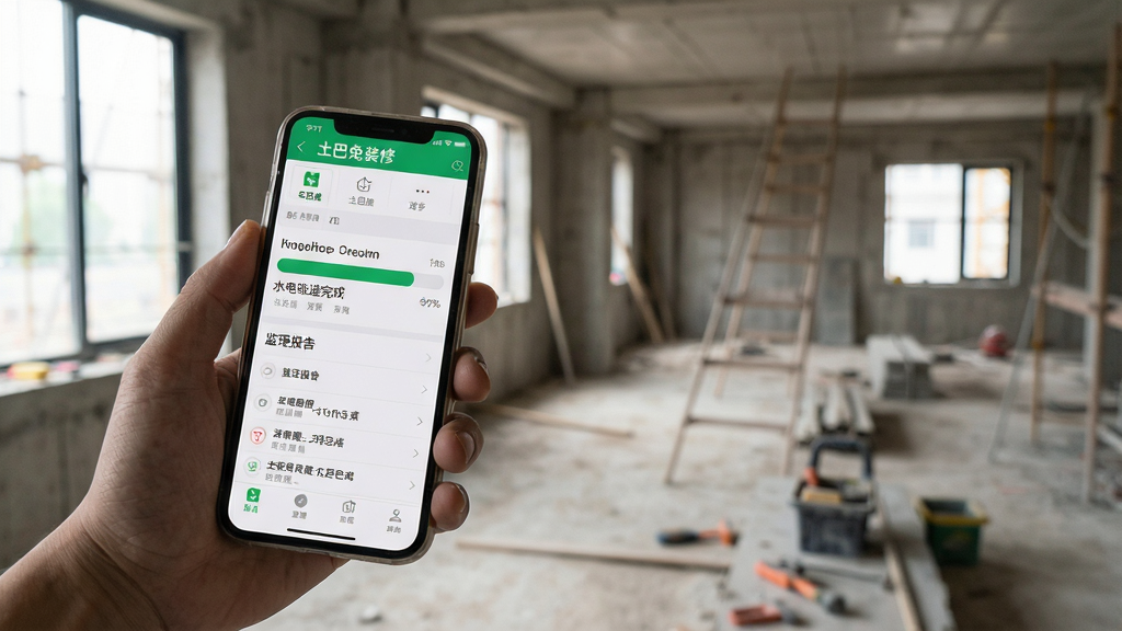主体:用户手持手机查看土巴兔装修App的施工进度页面,背景为工地现场。布局:手机屏幕显示进度条和监理报告,人物位于画面左侧。排版:画面平衡,突出手机内容。风格:纪实风格,自然光线。细节:手机上有“土巴兔装修”字样,进度条显示“水电改造完成”。画质:高清,干净,无多余元素。