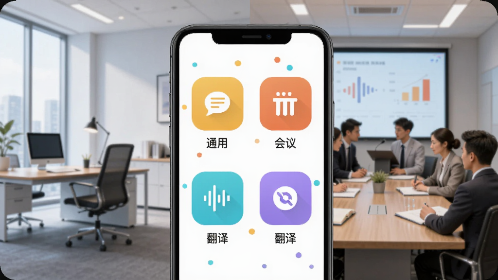 展示吟点语音输入法多场景模式切换界面的插画,画面中手机屏幕上显示多个模式图标,包括通用、会议、翻译等,每个图标下方有中文标签,背景采用分屏设计,一半是安静的办公室,一半是嘈杂的会议室,突出多场景适配能力,画质清晰,风格现代简洁