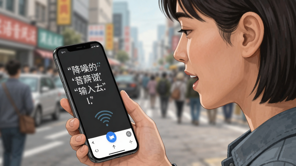 展示吟点语音输入法在嘈杂环境中依然精准识别语音的场景插画,画面中一位用户对着手机说话,手机屏幕上快速浮现出准确的中文文字,背景有模糊的街道和人群,突出降噪和精准识别功能,画质清晰,风格写实,干净无多余元素