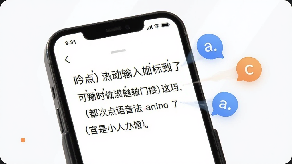 展示吟点语音输入法智能添加标点符号的功能示意插画,画面中手机屏幕上显示一段带有完美标点的中文句子,句子旁边有标点符号的浮动图标,背景简洁,突出智能优化功能,画质清晰,风格简约干净