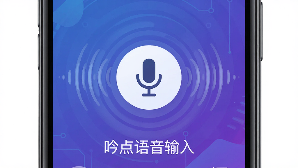一幅展示智能手机屏幕上的吟点语音输入法界面的高清数字插画,界面中央是醒目的麦克风图标,周围环绕着声波波纹,背景为渐变的蓝紫色科技感背景,界面下方有文字“吟点语音输入”字样,风格简洁现代,画质清晰干净,无多余元素