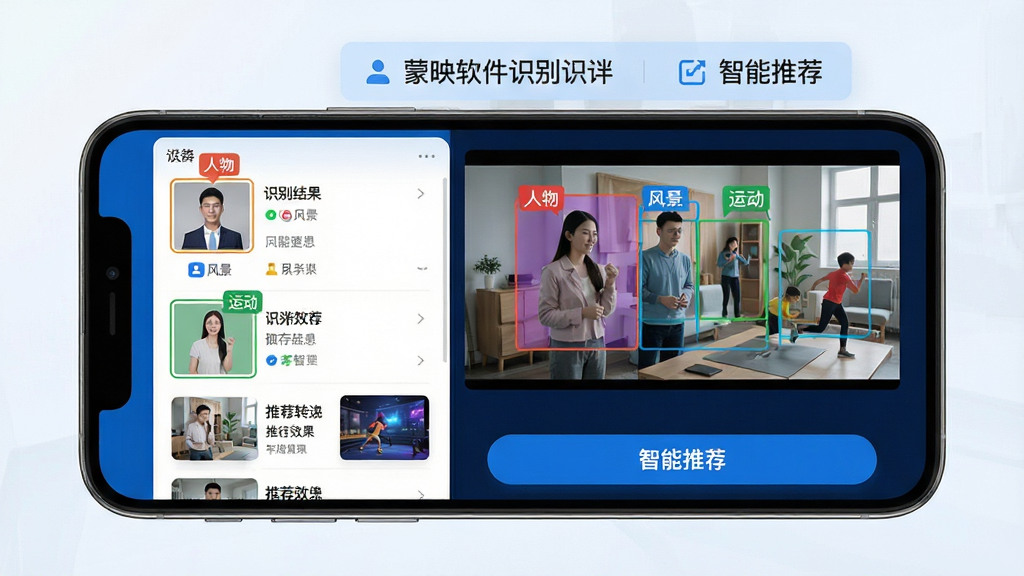主体:蒙映软件的智能场景识别功能界面,手机屏幕上显示视频片段被彩色框标记人物与物体。布局:左侧为识别结果列表,右侧为实时预览,底部有“智能推荐”按钮。排版:界面整洁,功能说明文字浮于屏幕上方。风格:科技蓝主色调,简洁现代。细节:识别框标注“人物”“风景”“运动”等标签,推荐转场效果以卡片形式展示。画质:高清,干净,无多余元素。