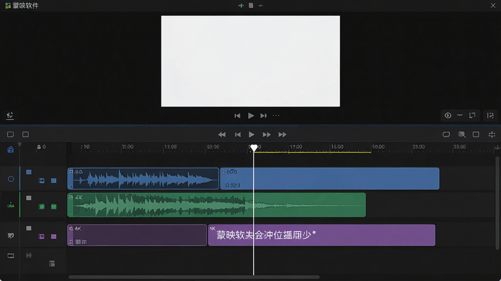 主体:蒙映软件多轨时间轴编辑界面,屏幕上展示三条轨道(视频、音频、字幕)。布局:上方为预览窗口,下方为多轨时间轴,轨道上排列着不同颜色的片段块。排版:轨道区域有清晰的刻度线,片段块边缘可拖动调整。风格:简约深色背景,高亮显示选中轨道。细节:音频轨道显示波形图,字幕轨道显示文字片段,时间指针为白色竖线。画质:4K,干净,无多余元素。