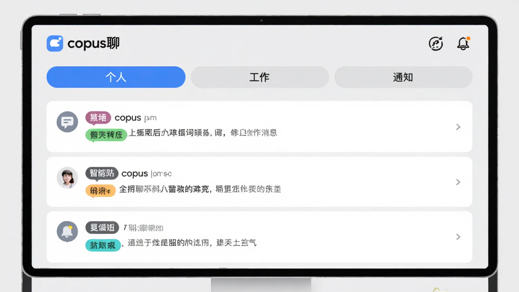 展示copus聊智能消息分类功能的界面,屏幕上显示不同标签页(个人、工作、通知),每条消息带有彩色标签,界面整洁,图标清晰,背景浅灰,突出“copus聊”的智能管理特性,画质高清。