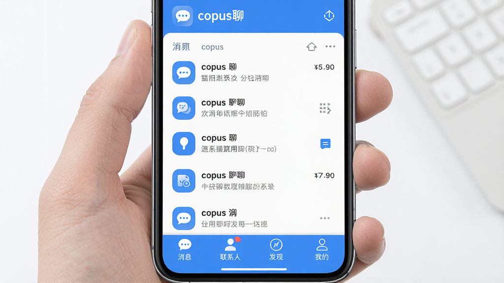 一张展示copus聊应用主界面的高清截图,界面布局清晰,包含聊天列表、底部导航栏(消息、联系人、发现、我的),整体风格简约现代,以蓝色为主色调,图标圆润,背景干净,画质细腻,无多余元素,突出“copus聊”品牌标识。
