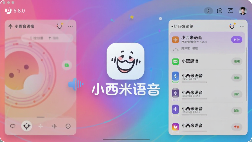 图片展示小西米语音5.8.0版本在主界面运行的预览图,画面中央是清晰的“小西米语音”品牌Logo和一条正在进行的语音房间列表,背景采用活泼的渐变色设计,整体风格现代、简洁、充满科技感,画质干净,无多余元素。