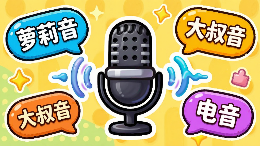 展示“小西米语音”趣味变声功能的预览图,主体为一个带有音波特效的麦克风图标,周围环绕着“萝莉音”、“大叔音”、“电音”等趣味标签气泡,布局错落有致,风格活泼卡通,色彩明快,细节丰富,画质干净,无多余元素。