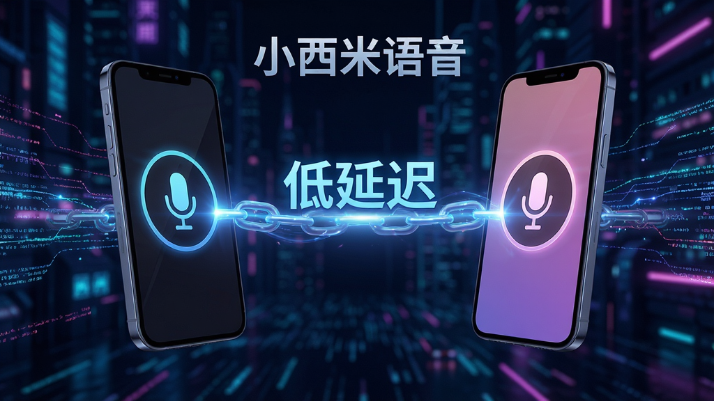 一张展示“小西米语音”低延迟特性的概念图,画面中两部手机通过光速链路连接,中间悬浮着“低延迟”字样,背景为赛博朋克风格的数据流,主体突出,布局居中,风格科技感强,细节丰富,画质清晰,无多余元素。