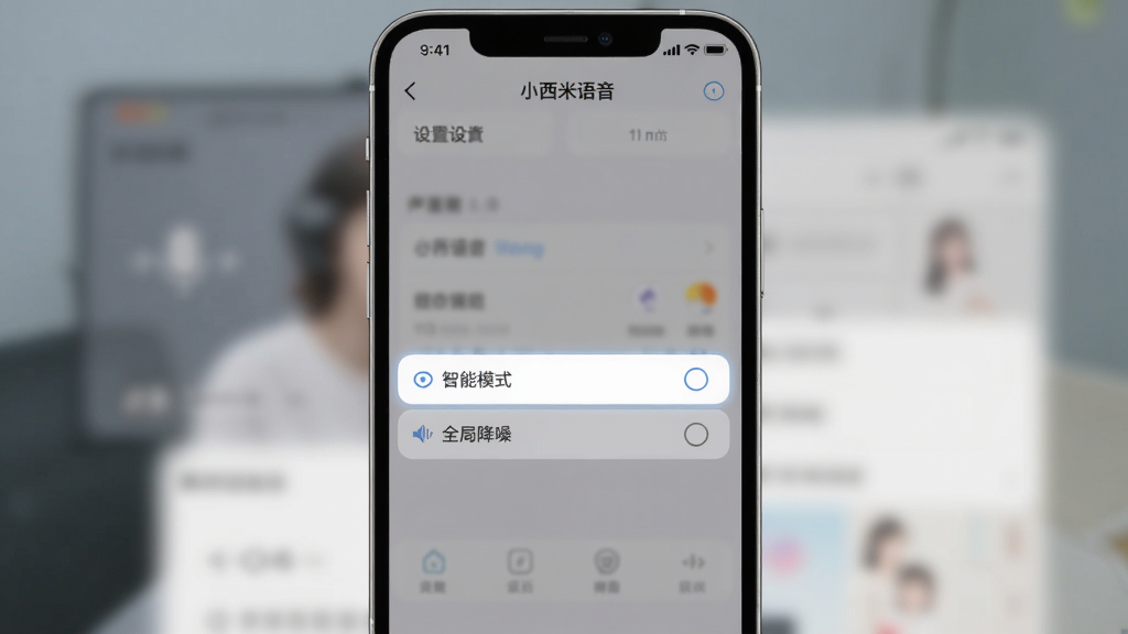 一张竖版手机截图样式的图片,展示“小西米语音”的设置界面,高亮了“智能模式”和“全局降噪”选项,背景虚化处理,主体为手机屏幕,布局居中,风格简洁清晰,画质干净,无多余元素。